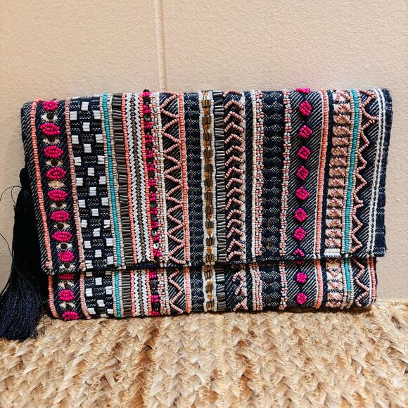 La Sera by Franchi Handbags - La Sera by Franchi Color Pop Beaded Tapestry Crossbody Clutch Purse